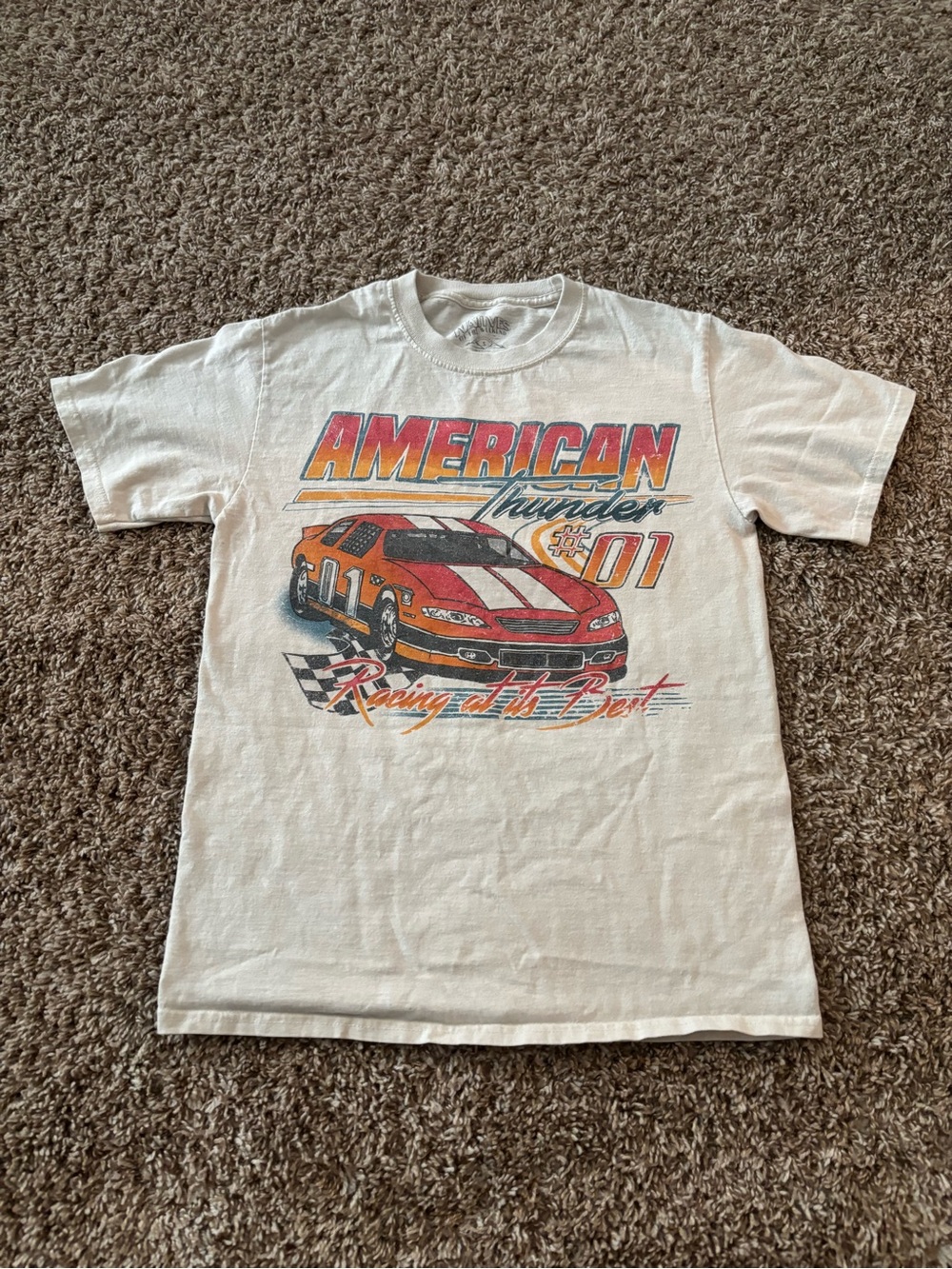 Old Navy White Short-Sleeve Racing Graphic Tee with Red & Orange Car